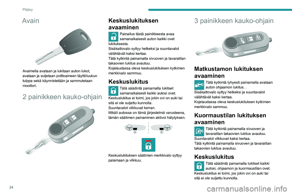 PEUGEOT BOXER 2021 Omistajan Käsikirja (in Finnish) 24
Pääsy
Avain
Avaimella avataan ja lukitaan auton lukot,
avataan ja suljetaan polttoaineen täyttöluukun
tulppa sekä käynnistetään ja sammutetaan
moottori.
2 painikkeen kauko-ohjain
K PEUGEOT BOXER 2021 Omistajan Käsikirja (in Finnish) 24
Pääsy
Avain
Avaimella avataan ja lukitaan auton lukot,
avataan ja suljetaan polttoaineen täyttöluukun
tulppa sekä käynnistetään ja sammutetaan
moottori.
2 painikkeen kauko-ohjain
K