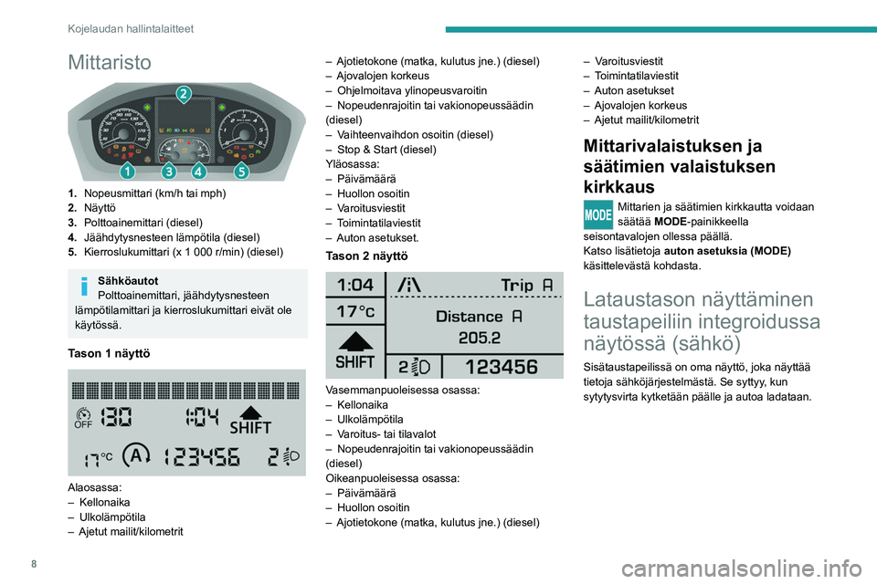 PEUGEOT BOXER 2021  Omistajan Käsikirja (in Finnish) 8
Kojelaudan hallintalaitteet
Mittaristo 
 
1.Nopeusmittari (km/h tai mph)
2. Näyttö
3. Polttoainemittari (diesel)
4. Jäähdytysnesteen lämpötila (diesel)
5. Kierroslukumittari (x 1 000 r/min) (d