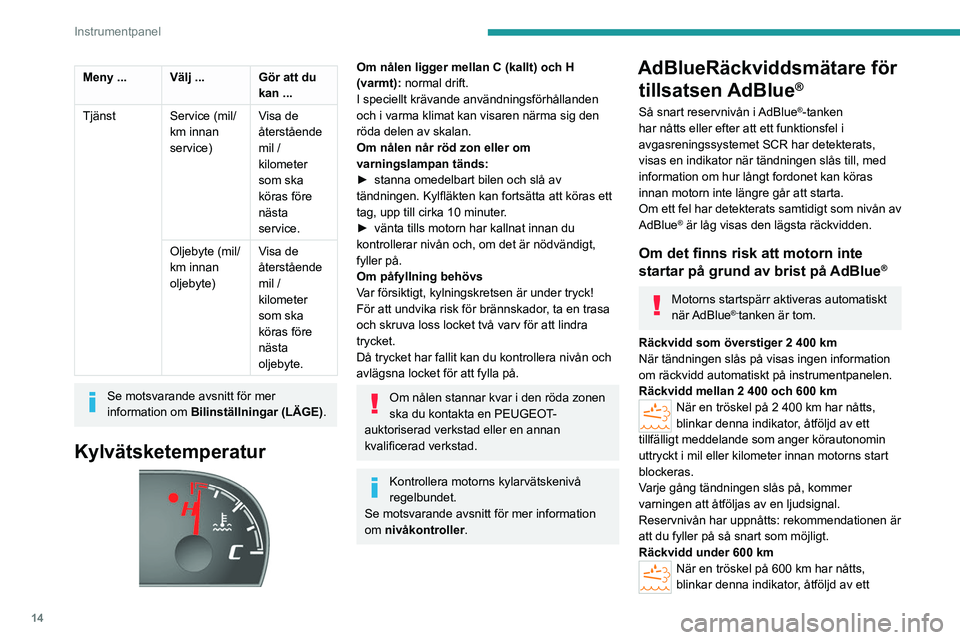 PEUGEOT BOXER 2021  Bruksanvisningar (in Swedish) 14
Instrumentpanel
Meny ... Välj ... Gör att du kan ...
Tjänst Service (mil/ km innan 
service) V
isa de 
återstående 
mil / 
kilometer 
som ska 
köras före 
nästa 
service.
Oljebyte (mil/
km 