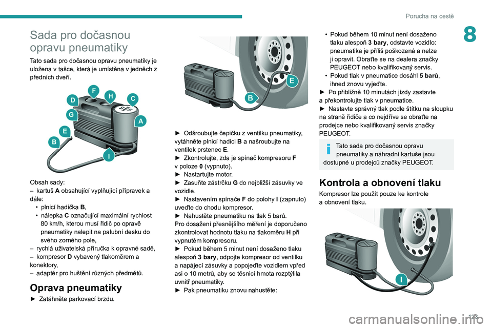PEUGEOT BOXER 2021  Návod na použití (in Czech) 123
Porucha na cestě
8Sada pro dočasnou 
opravu pneumatiky
Tato sada pro dočasnou opravu pneumatiky je 
uložena v tašce, která je umístěna v jedněch z 
předních dveří.
 
 
Obsah sady:
–