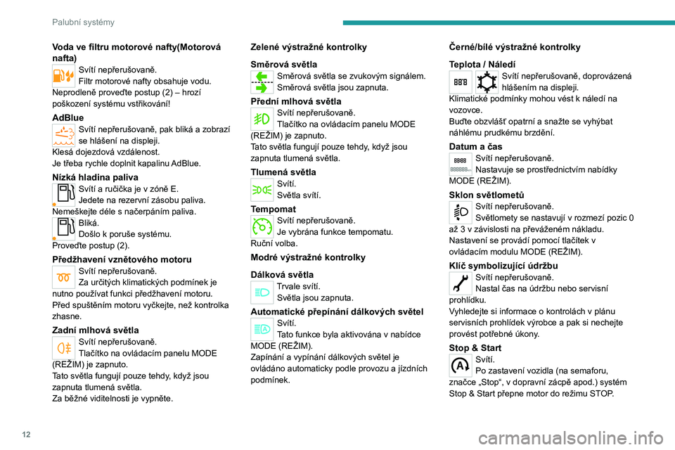 PEUGEOT BOXER 2021  Návod na použití (in Czech) 12
Palubní systémy
Voda ve filtru motorové nafty(Motorová 
nafta)
Svítí nepřerušovaně.
Filtr motorové nafty obsahuje vodu.
Neprodleně proveďte postup (2) – hrozí 
poškození systému v
