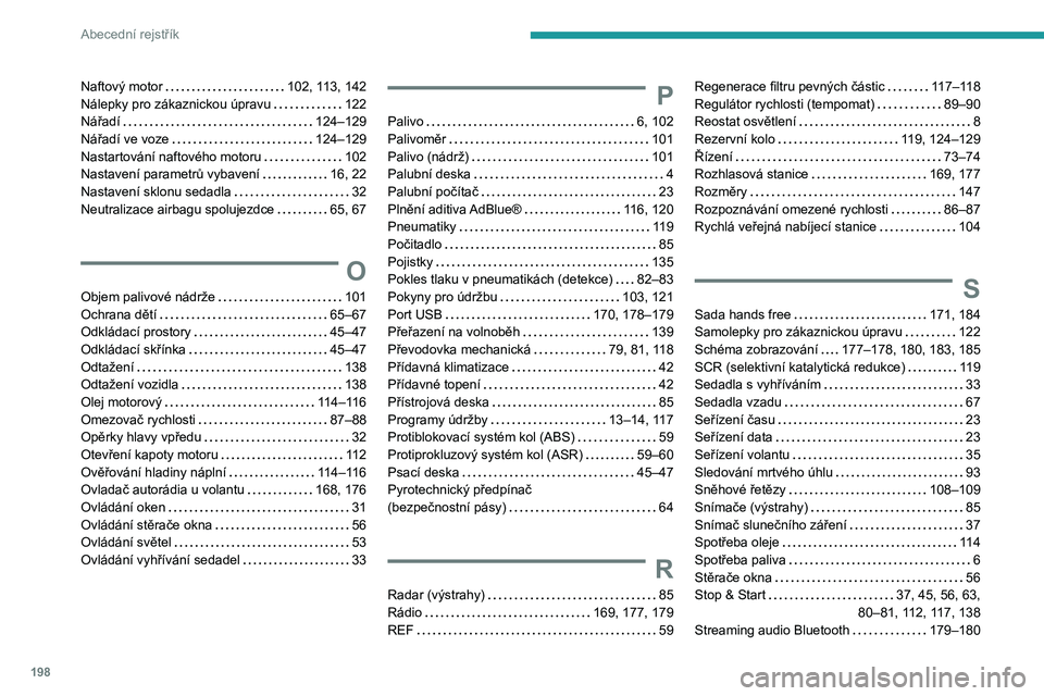 PEUGEOT BOXER 2021  Návod na použití (in Czech) 198
Abecední rejstřík
Naftový motor    102, 113, 142
Nálepky pro zákaznickou úpravu     
122
Nářadí
    
124–129
Nářadí ve voze
    
124–129
Nastartování naftového motoru
    
102
