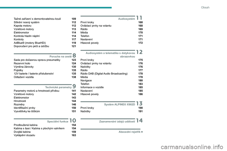PEUGEOT BOXER 2021  Návod na použití (in Czech) 3
Obsah
Tažné zařízení s demontovatelnou koulí  109
Střešní nosný systém  11 2
Kapota motoru  11 2
Vznětové motory  11 3
Elektromotor  11 4
Kontrola hladin náplní  11 4
Kontroly  11 7
A