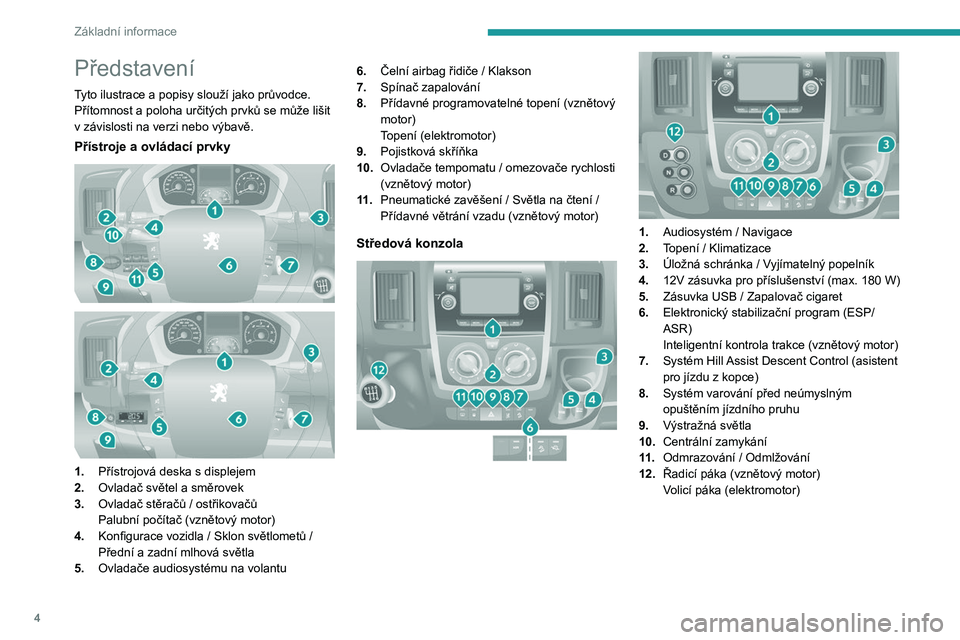 PEUGEOT BOXER 2021  Návod na použití (in Czech) 4
Základní informace
Představení
Tyto ilustrace a popisy slouží jako průvodce. 
Přítomnost a poloha určitých prvků se může lišit 
v  závislosti na verzi nebo výbavě.
Přístroje a ov