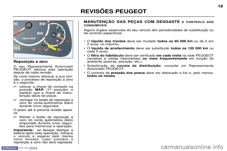 PEUGEOT BOXER 2003.5  Manual de utilização (in Portuguese)  
O seu Representante Autorizado 
PEUGEOT depois de cada revis‹o.  Ž o seguinte: colocar a chave de contacto na  MAR(1a

esperar que a chave de manu-

 zero do conta-quil—metros di‡riodurante