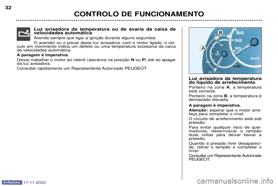 PEUGEOT BOXER 2003.5  Manual de utilização (in Portuguese) CONTROLO DE FUNCIONAMENTO
32
17-11-2003
Luz avisadora da temperatura ou de avaria da caixa de velocidades autom‡tica  O acender ou o piscar desta luz avisadora, com o motor ligado, o ve’-
culo em 