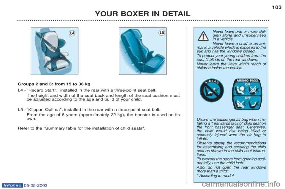 PEUGEOT BOXER 2003  Owners Manual 05-05-2003
YOUR BOXER IN DETAIL103
Never leave one or more chil- dren alone and unsupervisedin a vehicle. Never leave a child or an ani-
mal in a vehicle which is exposed to the sun and has the window