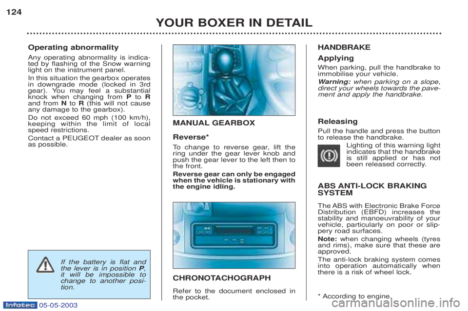 PEUGEOT BOXER 2003  Owners Manual 05-05-2003
Operating abnormality  Any operating abnormality is indica- ted by flashing of the Snow warninglight on the instrument panel. In this situation the gearbox operates in downgrade mode (locke
