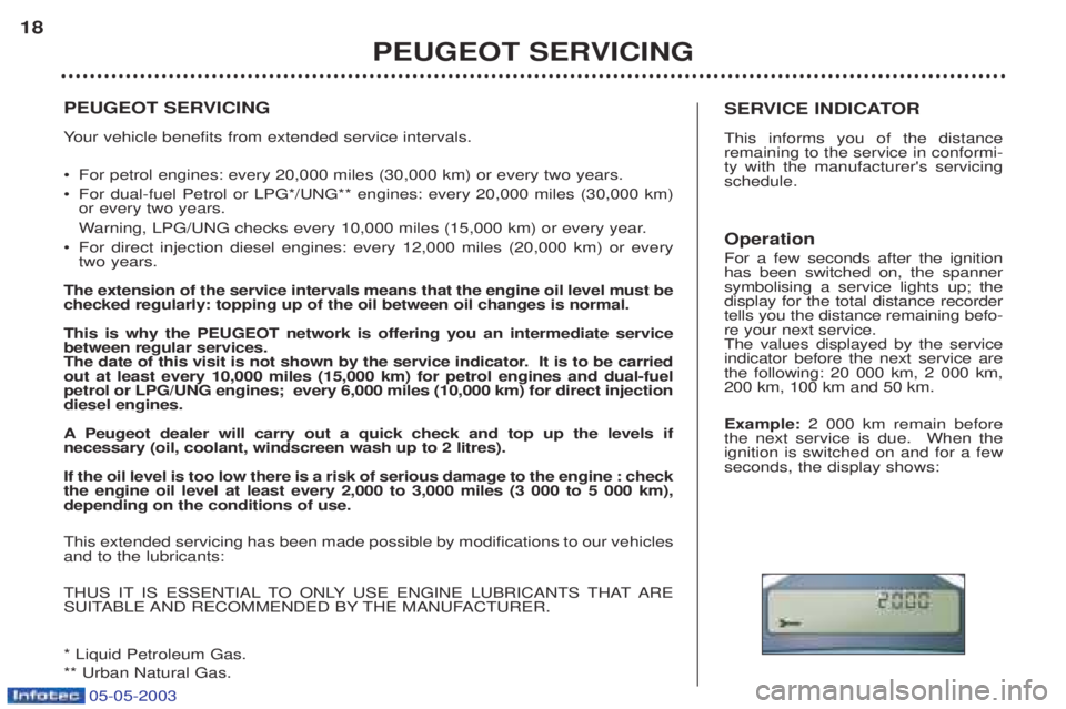 PEUGEOT BOXER 2003 Owners Manual 05-05-2003
PEUGEOT SERVICING Your vehicle benefits from extended service intervals.
Â¥ For petrol engines: every 20,000 miles (30,000 km) or every two years.
Â¥ For dual-fuel Petrol or LPG*/UNG** eng PEUGEOT BOXER 2003 Owners Manual 05-05-2003
PEUGEOT SERVICING Your vehicle benefits from extended service intervals.
Â¥ For petrol engines: every 20,000 miles (30,000 km) or every two years.
Â¥ For dual-fuel Petrol or LPG*/UNG** eng