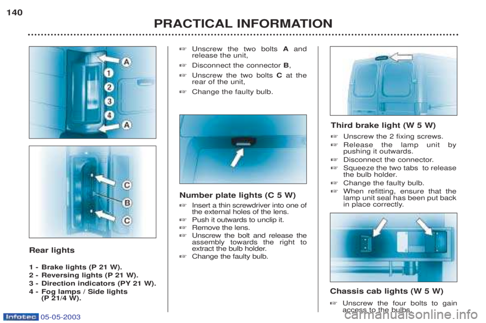 PEUGEOT BOXER 2003  Owners Manual 05-05-2003
Rear lights 
1 - Brake lights (P 21 W). 
2 -  Reversing lights (P 21 W).
3 -  Direction indicators (PY 21 W).
4 -  Fog lamps / Side lights (P 21/4 W). ☞
Unscrew the two bolts  Aand
releas