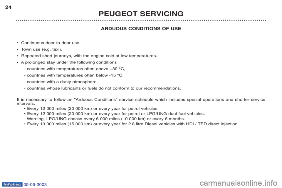 PEUGEOT BOXER 2003 Owners Manual 05-05-2003
ARDUOUS CONDITIONS OF USE
¥  Continuous door-to-door use. 
¥  Town use (e.g. taxi).¥  Repeated short journeys, with the engine cold at low temperatures.
¥  A prolonged stay under the fo