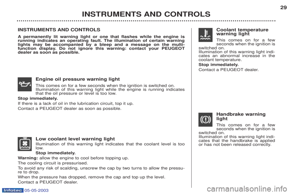 PEUGEOT BOXER 2003 Owners Manual 05-05-2003
Low coolant level warning light Illumination of this warning light indicates that the coolant level is too
low.
Stop immediately.
W arning: allow the engine to cool before topping up.
Th PEUGEOT BOXER 2003 Owners Manual 05-05-2003
Low coolant level warning light Illumination of this warning light indicates that the coolant level is too
low.
Stop immediately.
W arning: allow the engine to cool before topping up.
Th