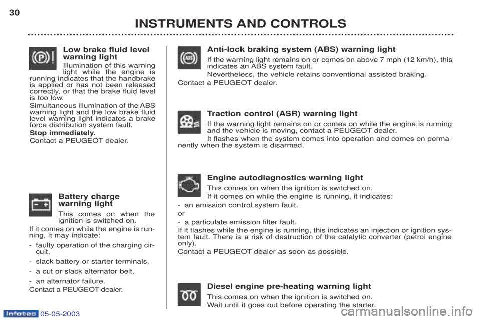 PEUGEOT BOXER 2003 Owners Manual 05-05-2003
Anti-lock braking system (ABS) warning light If the warning light remains on or comes on above 7 mph (12 km/h), this 
indicates an ABS system fault. Nevertheless, the vehicle retains conven