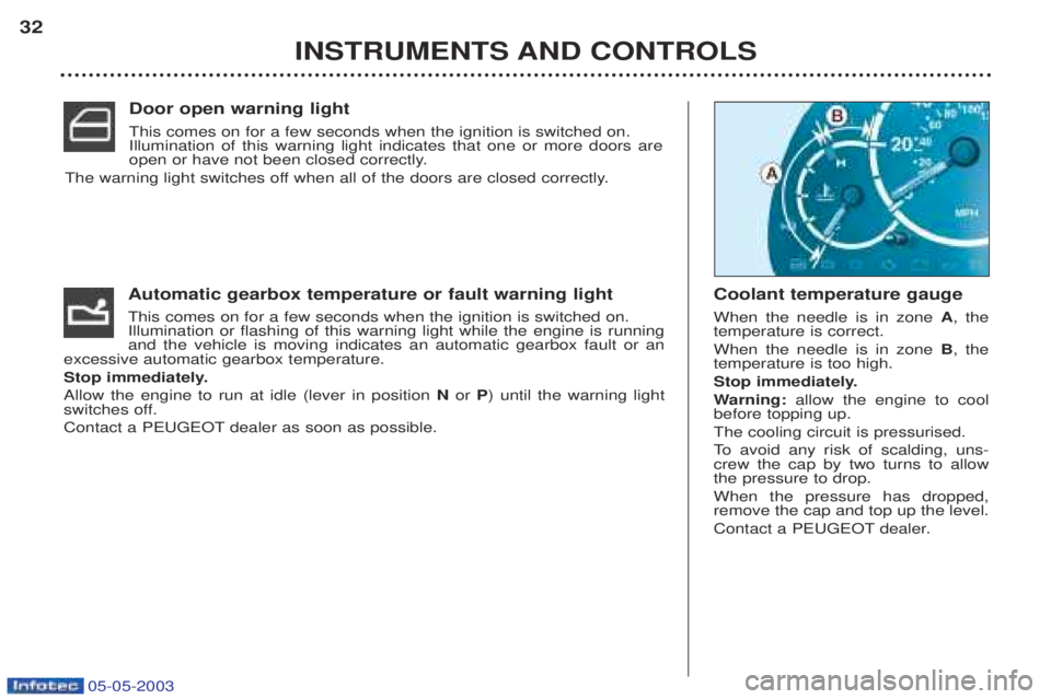 PEUGEOT BOXER 2003 Owners Manual 05-05-2003
INSTRUMENTS AND CONTROLS
32
Automatic gearbox temperature or fault warning light This comes on for a few seconds when the ignition is switched on. Illumination or flashing of this warning l