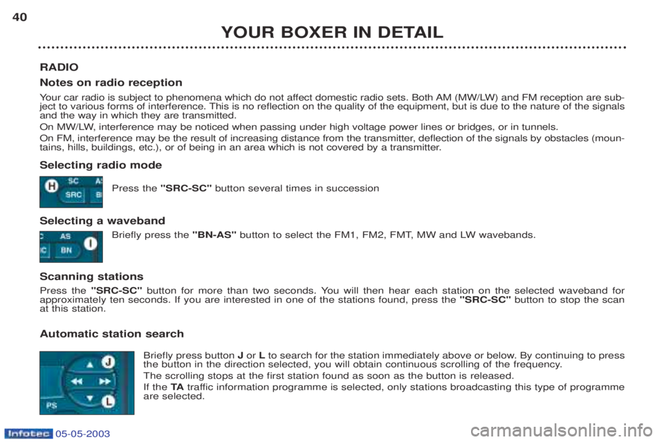 PEUGEOT BOXER 2003 Owners Guide 05-05-2003
YOUR BOXER IN DETAIL
40
RADIO Notes on radio reception Your car radio is subject to phenomena which do not affect domestic radio sets. Both AM (MW/LW) and FM reception are sub-
ject to vari PEUGEOT BOXER 2003 Owners Guide 05-05-2003
YOUR BOXER IN DETAIL
40
RADIO Notes on radio reception Your car radio is subject to phenomena which do not affect domestic radio sets. Both AM (MW/LW) and FM reception are sub-
ject to vari