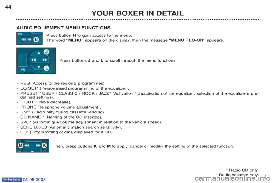 PEUGEOT BOXER 2003 Owners Manual 05-05-2003
YOUR BOXER IN DETAIL
44
AUDIO EQUIPMENT MENU FUNCTIONS Press button Nto gain access to the menu.
The word "MENU"appears on the display, then the message "MENU REG-ON" appears.
Press button PEUGEOT BOXER 2003 Owners Manual 05-05-2003
YOUR BOXER IN DETAIL
44
AUDIO EQUIPMENT MENU FUNCTIONS Press button Nto gain access to the menu.
The word "MENU"appears on the display, then the message "MENU REG-ON" appears.
Press button