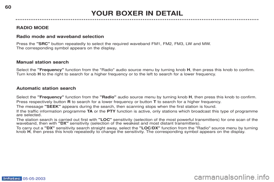 PEUGEOT BOXER 2003 Workshop Manual 05-05-2003
YOUR BOXER IN DETAIL
60
RADIO MODE Radio mode and waveband selection Press the  "SRC" button repeatedly to select the required waveband FM1, FM2, FM3, LW and MW.
The corresponding symbol ap