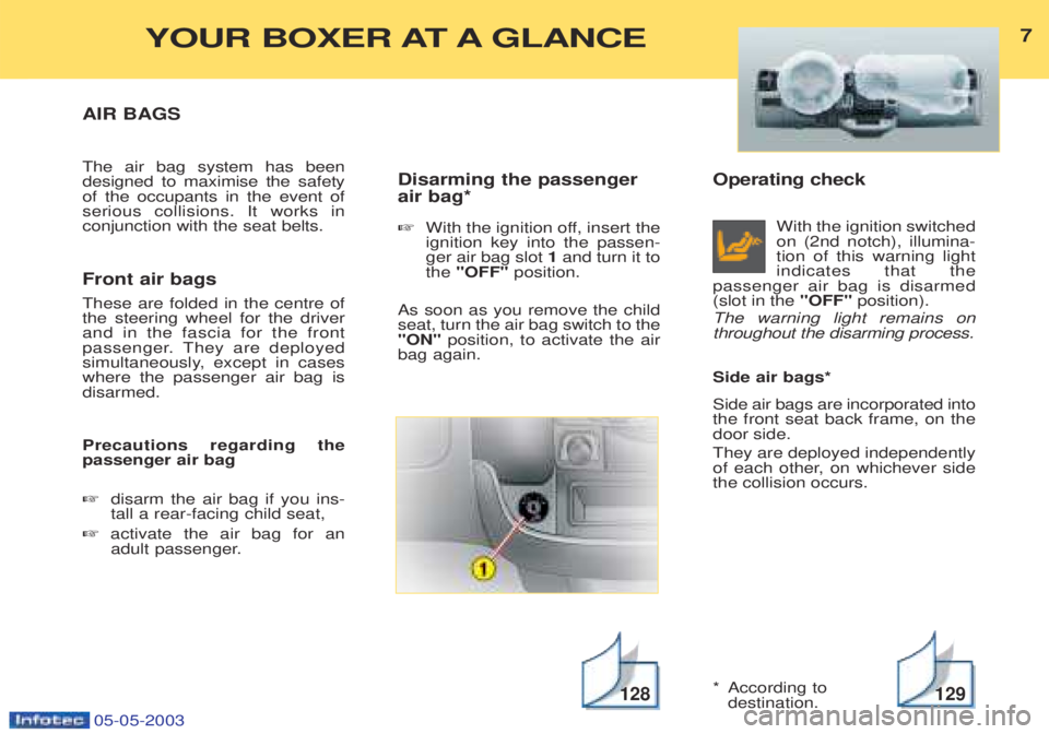 PEUGEOT BOXER 2003  Owners Manual Operating checkWith the ignition switched on (2nd notch), illumina-tion of this warning lightindicates that the
passenger air bag is disarmed(slot in the  "OFF"position).
The warning light remains ont