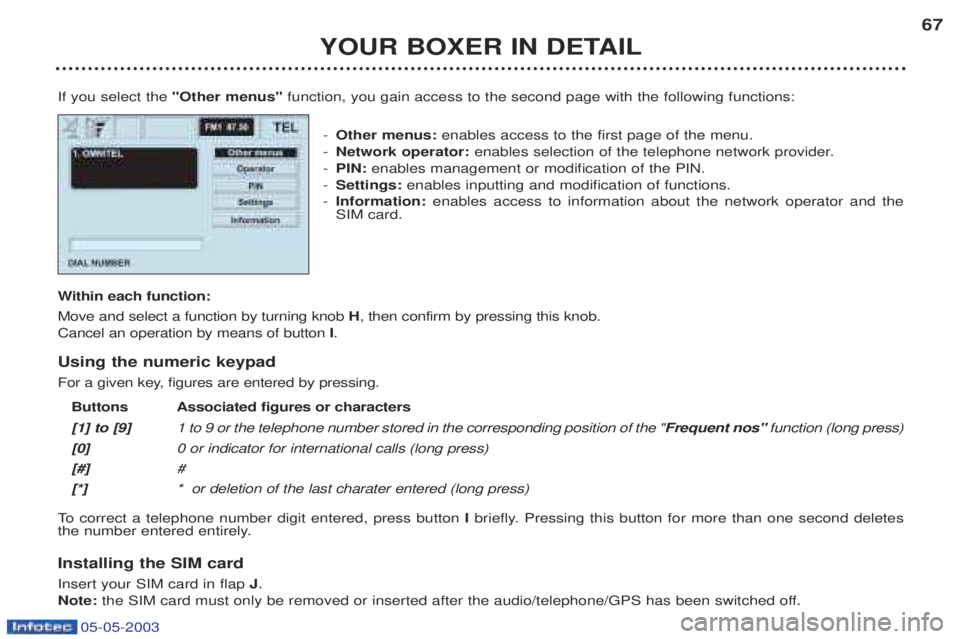 PEUGEOT BOXER 2003 Repair Manual 05-05-2003
YOUR BOXER IN DETAIL67
If you select the "Other menus" function, you gain access to the second page with the following functions:
- Other menus: enables access to the first page of the men PEUGEOT BOXER 2003 Repair Manual 05-05-2003
YOUR BOXER IN DETAIL67
If you select the "Other menus" function, you gain access to the second page with the following functions:
- Other menus: enables access to the first page of the men