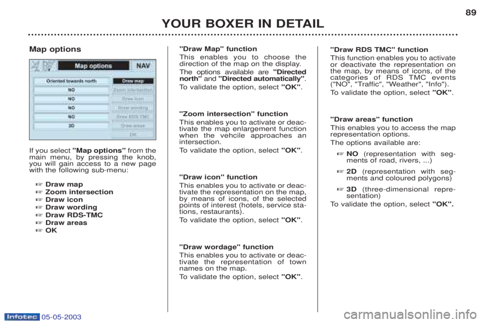 PEUGEOT BOXER 2003 Manual Online 05-05-2003
YOUR BOXER IN DETAIL89
If you select
"Map options" from the
main menu, by pressing the knob, you will gain access to a new pagewith the following sub-menu:
☞ Draw map
☞ Zoom intersectio PEUGEOT BOXER 2003 Manual Online 05-05-2003
YOUR BOXER IN DETAIL89
If you select
"Map options" from the
main menu, by pressing the knob, you will gain access to a new pagewith the following sub-menu:
☞ Draw map
☞ Zoom intersectio