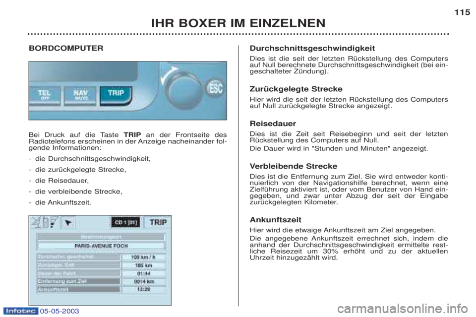 PEUGEOT BOXER 2003 Betriebsanleitungen (in German) IHR BOXER IM EINZELNEN115
BORDCOMPUTER
Bei Druck auf die Taste
TRIPan der Frontseite des
Radiotelefons erscheinen in der Anzeige nacheinander fol- gende Informationen: - die Durchschnittsgeschwindig PEUGEOT BOXER 2003 Betriebsanleitungen (in German) IHR BOXER IM EINZELNEN115
BORDCOMPUTER
Bei Druck auf die Taste
TRIPan der Frontseite des
Radiotelefons erscheinen in der Anzeige nacheinander fol- gende Informationen: - die Durchschnittsgeschwindig