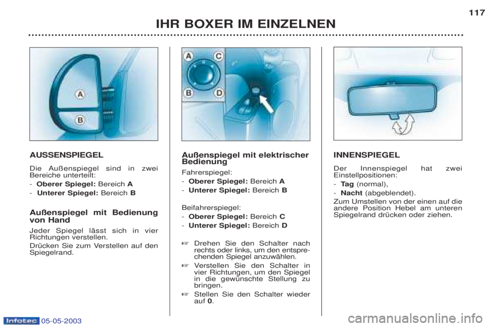 PEUGEOT BOXER 2003 Betriebsanleitungen (in German) 05-05-2003
IHR BOXER IM EINZELNEN117
AUSSENSPIEGEL
Die Au§enspiegel sind in zwei Bereiche unterteilt: -
Oberer Spiegel: BereichA
- Unterer Spiegel: BereichB
Au§enspiegel mit Bedienung von Hand J PEUGEOT BOXER 2003 Betriebsanleitungen (in German) 05-05-2003
IHR BOXER IM EINZELNEN117
AUSSENSPIEGEL
Die Au§enspiegel sind in zwei Bereiche unterteilt: -
Oberer Spiegel: BereichA
- Unterer Spiegel: BereichB
Au§enspiegel mit Bedienung von Hand J