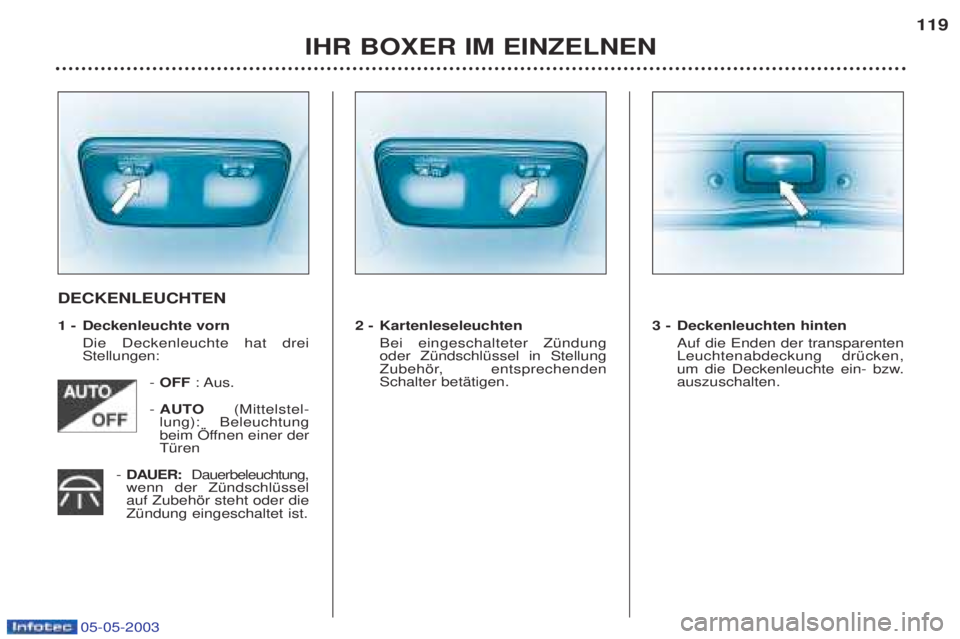 PEUGEOT BOXER 2003 Betriebsanleitungen (in German) 05-05-2003
IHR BOXER IM EINZELNEN119
DECKENLEUCHTEN
1 - Deckenleuchte vorn
Die Deckenleuchte hat drei Stellungen:
- OFF : Aus.
- AUTO (Mittelstel-
lung): Beleuchtung
beim …ffnen einer derTŸren
- PEUGEOT BOXER 2003 Betriebsanleitungen (in German) 05-05-2003
IHR BOXER IM EINZELNEN119
DECKENLEUCHTEN
1 - Deckenleuchte vorn
Die Deckenleuchte hat drei Stellungen:
- OFF : Aus.
- AUTO (Mittelstel-
lung): Beleuchtung
beim …ffnen einer derTŸren
-
