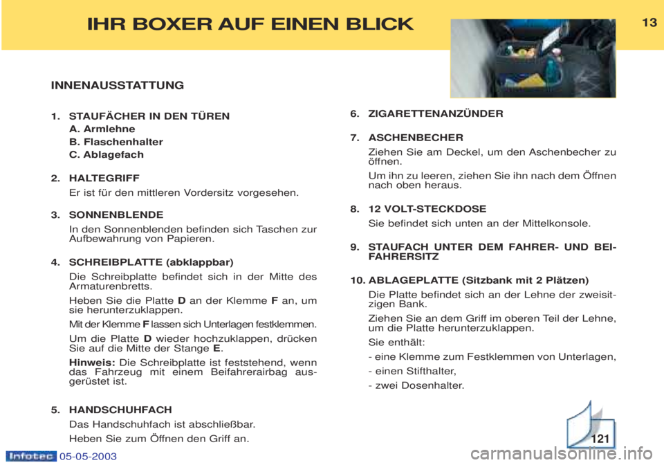 PEUGEOT BOXER 2003 Betriebsanleitungen (in German) 05-05-2003
INNENAUSSTATTUNG
1. STAUF€CHER IN DEN T†REN A. Armlehne B. Flaschenhalter C. Ablagefach
2. HALTEGRIFF Er ist fŸr den mittleren Vordersitz vorgesehen.
3. SONNENBLENDE In den Sonnenb PEUGEOT BOXER 2003 Betriebsanleitungen (in German) 05-05-2003
INNENAUSSTATTUNG
1. STAUF€CHER IN DEN T†REN A. Armlehne B. Flaschenhalter C. Ablagefach
2. HALTEGRIFF Er ist fŸr den mittleren Vordersitz vorgesehen.
3. SONNENBLENDE In den Sonnenb