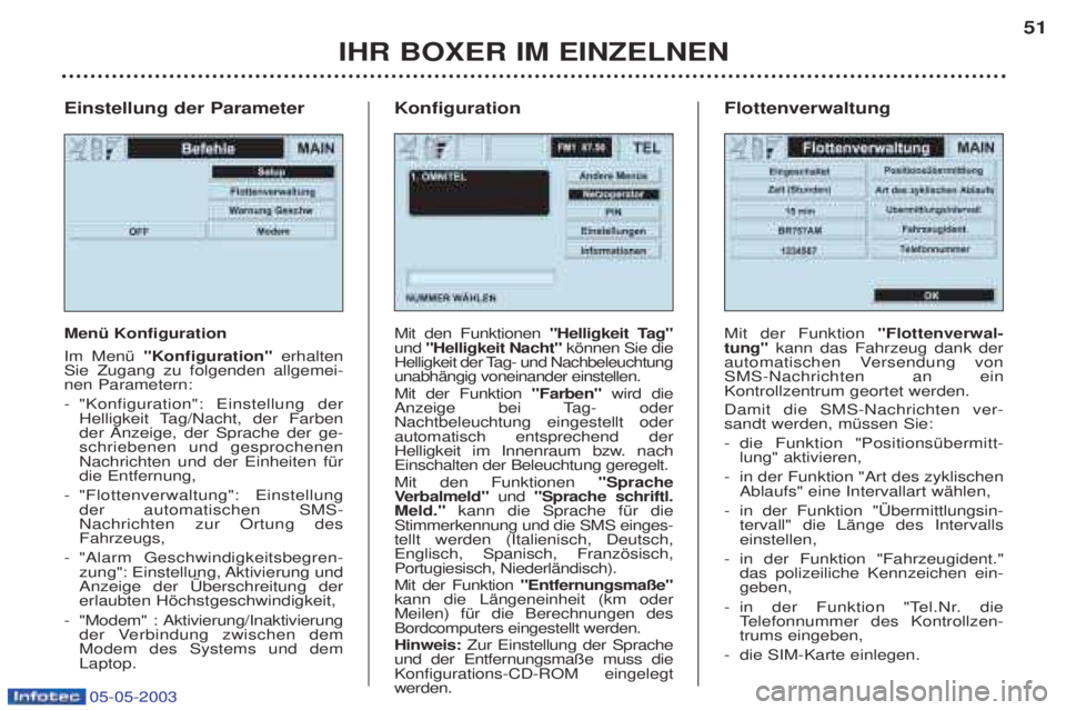 PEUGEOT BOXER 2003 Betriebsanleitungen (in German) 05-05-2003
Einstellung der Parameter MenŸ Konfiguration Im MenŸ "Konfiguration" erhalten
Sie Zugang zu folgenden allgemei- nen Parametern: - "Konfiguration": Einstellung der
Helligkeit Tag/Nacht, PEUGEOT BOXER 2003 Betriebsanleitungen (in German) 05-05-2003
Einstellung der Parameter MenŸ Konfiguration Im MenŸ "Konfiguration" erhalten
Sie Zugang zu folgenden allgemei- nen Parametern: - "Konfiguration": Einstellung der
Helligkeit Tag/Nacht,