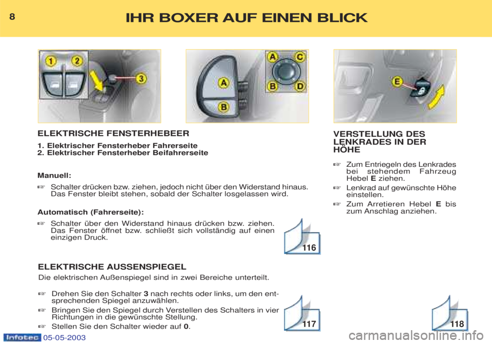 PEUGEOT BOXER 2003  Betriebsanleitungen (in German) 05-05-2003
ELEKTRISCHE FENSTERHEBEER  1. Elektrischer Fensterheber Fahrerseite  2. Elektrischer Fensterheber Beifahrerseite  Manuell: ☞Schalter drŸcken bzw. ziehen, jedoch nicht Ÿber den Widerstan