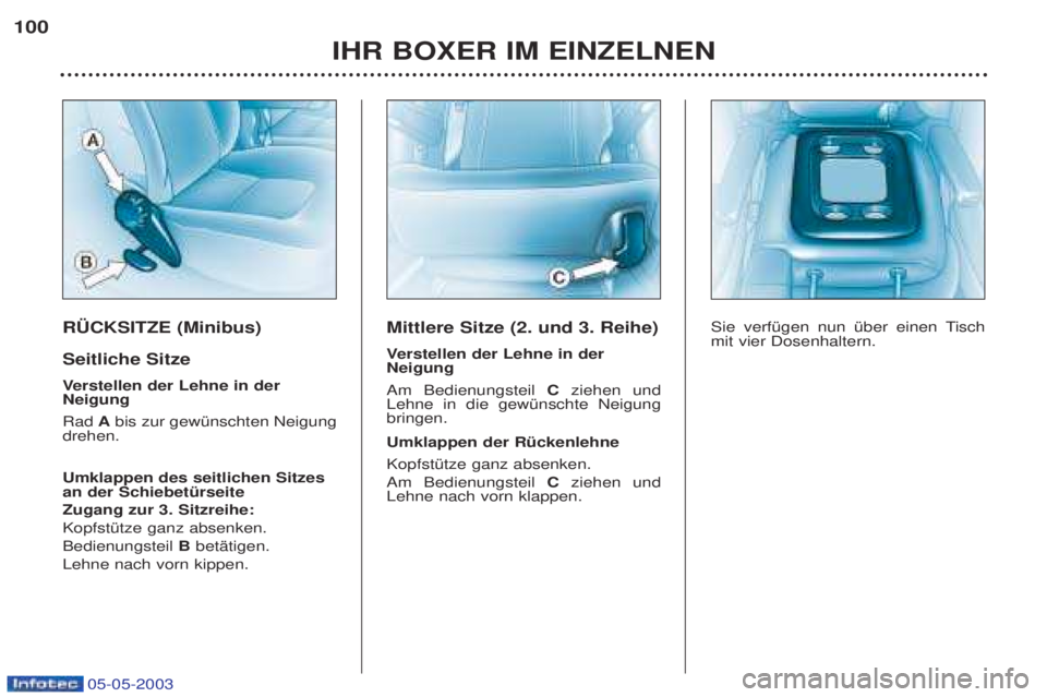 PEUGEOT BOXER 2003 Betriebsanleitungen (in German) 05-05-2003
R†CKSITZE (Minibus) Seitliche Sitze Verstellen der Lehne in der
Neigung Rad Abis zur gewŸnschten Neigung
drehen. Umklappen des seitlichen Sitzes an der SchiebetŸrseite Zugang zur 3. S PEUGEOT BOXER 2003 Betriebsanleitungen (in German) 05-05-2003
R†CKSITZE (Minibus) Seitliche Sitze Verstellen der Lehne in der
Neigung Rad Abis zur gewŸnschten Neigung
drehen. Umklappen des seitlichen Sitzes an der SchiebetŸrseite Zugang zur 3. S