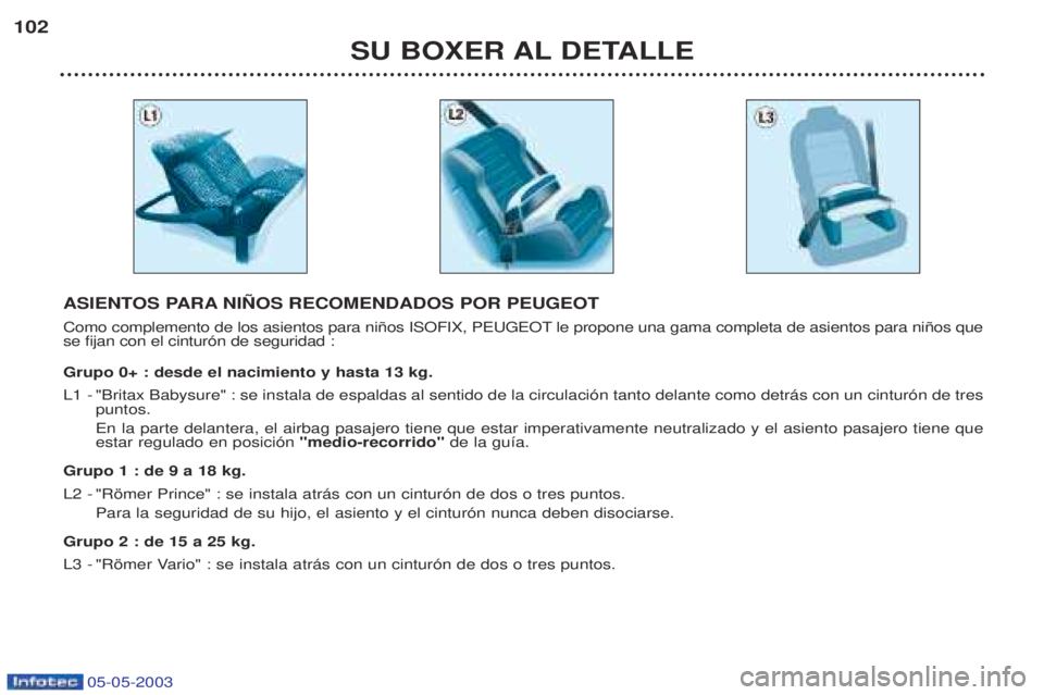 PEUGEOT BOXER 2003 Manual del propietario (in Spanish) 05-05-2003
SU BOXER AL DETALLE
102
ASIENTOS PARA NI„OS RECOMENDADOS POR PEUGEOT
Como complemento de los asientos para ni–os ISOFIX, PEUGEOT le propone una gama completa de asientos para ni–os q PEUGEOT BOXER 2003 Manual del propietario (in Spanish) 05-05-2003
SU BOXER AL DETALLE
102
ASIENTOS PARA NI„OS RECOMENDADOS POR PEUGEOT
Como complemento de los asientos para ni–os ISOFIX, PEUGEOT le propone una gama completa de asientos para ni–os q