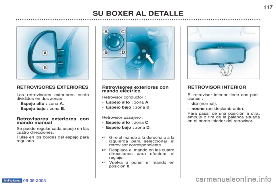 PEUGEOT BOXER 2003 Manual del propietario (in Spanish) 05-05-2003
SU BOXER AL DETALLE117
RETROVISORES EXTERIORES Los retrovisores exteriores est‡n divididos en dos zonas : -
Espejo alto : zona A.
- Espejo bajo : zona B.
Retrovisores exteriores con man PEUGEOT BOXER 2003 Manual del propietario (in Spanish) 05-05-2003
SU BOXER AL DETALLE117
RETROVISORES EXTERIORES Los retrovisores exteriores est‡n divididos en dos zonas : -
Espejo alto : zona A.
- Espejo bajo : zona B.
Retrovisores exteriores con man