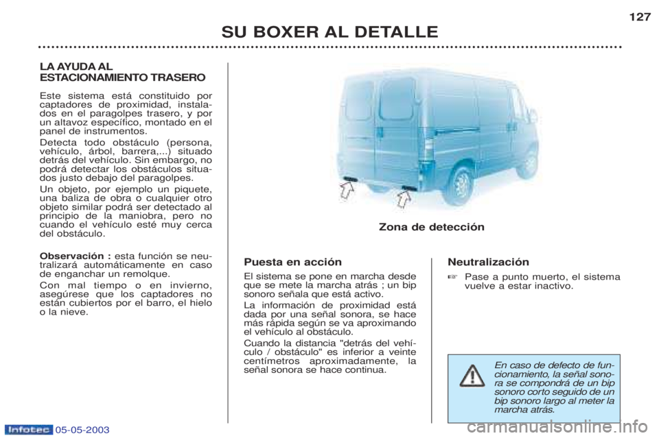 PEUGEOT BOXER 2003  Manual del propietario (in Spanish) 05-05-2003
SU BOXER AL DETALLE127
LA AYUDA AL 
ESTACIONAMIENTO TRASERO Este sistema est‡ constituido por captadores de proximidad, instala-dos en el paragolpes trasero, y porun altavoz espec’fico,