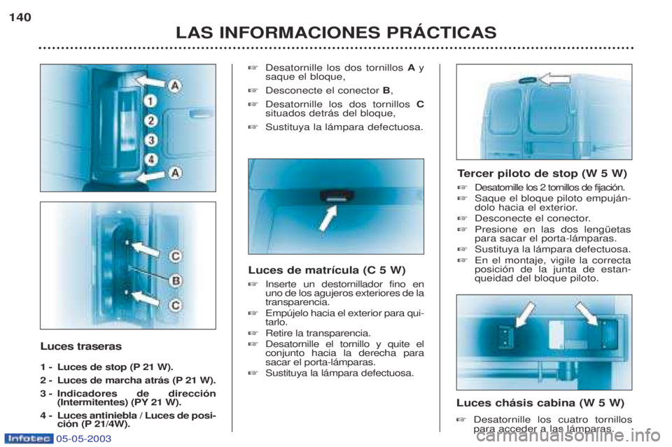 PEUGEOT BOXER 2003  Manual del propietario (in Spanish) 05-05-2003
Luces traseras  
1 - Luces de stop (P 21 W). 
2 - Luces de marcha atr‡s (P 21 W).
3 -Indicadores de direcci—n 
(Intermitentes) (PY 21 W).
4  - Luces antiniebla / Luces de posi- ci—n (