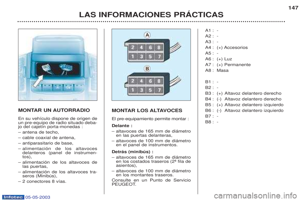 PEUGEOT BOXER 2003  Manual del propietario (in Spanish) 05-05-2003
LAS INFORMACIONES PRçCTICAS147
MONTAR UN AUTORRADIO En su veh’culo dispone de origen de un pre-equipo de radio situado deba-jo del cajet’n porta-monedas : Ð
antena de techo,
Ð cable 