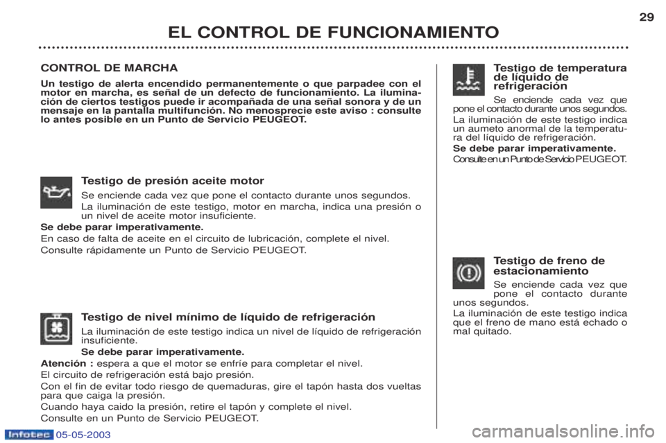 PEUGEOT BOXER 2003  Manual del propietario (in Spanish) 05-05-2003
Testigo de nivel m’nimo de l’quido de refrigeraci—n
La iluminaci—n de este testigo indica un nivel de l’quido de refrigeraci—n insuficiente. Se debe parar imperativamente.
Atenc