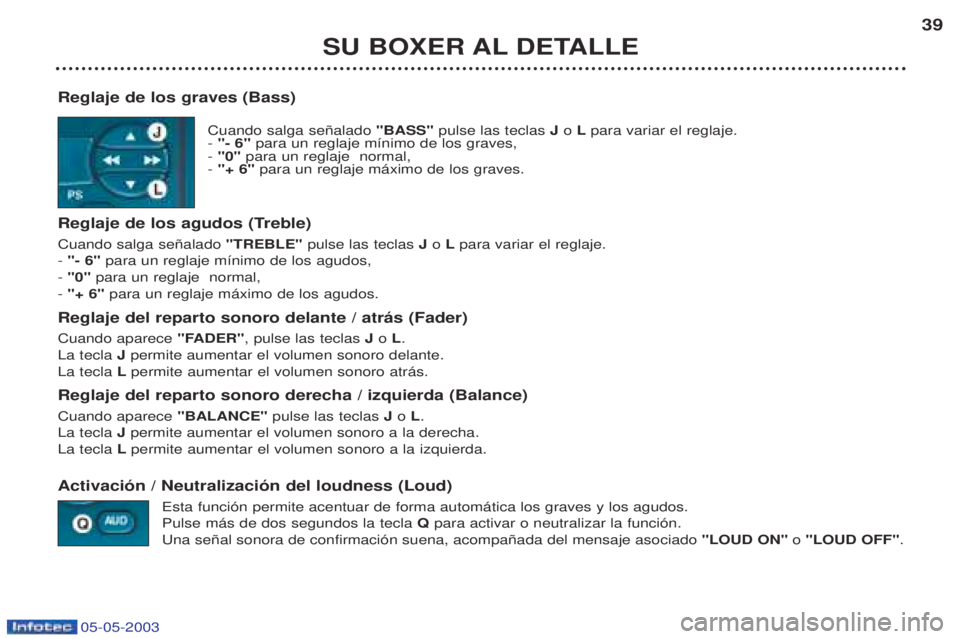 PEUGEOT BOXER 2003  Manual del propietario (in Spanish) 05-05-2003
SU BOXER AL DETALLE39
Reglaje de los graves (Bass) Cuando salga se–alado  "BASS"pulse las teclas  J o L para variar el reglaje.
-  "- 6"  para un reglaje m’nimo de los graves,
-  "0" pa