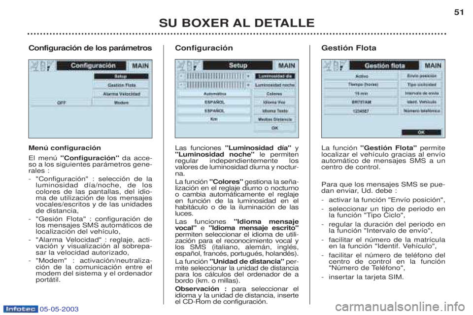 PEUGEOT BOXER 2003  Manual del propietario (in Spanish) 05-05-2003
Configuraci—n de los par‡metros Menœ configuraci—n El menœ "Configuraci—n" da acce-
so a los siguientes par‡metros gene- rales : - "Configuraci—n" : selecci—n de la luminosi