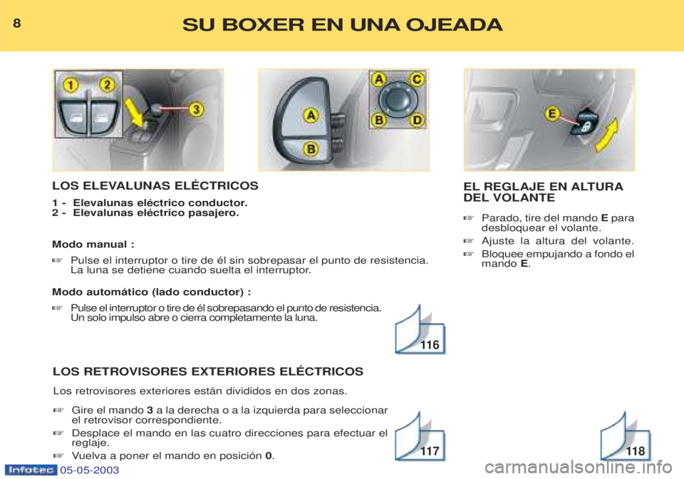 PEUGEOT BOXER 2003  Manual del propietario (in Spanish) 05-05-2003
LOS ELEVALUNAS ELƒCTRICOS 
1 -  Elevalunas elŽctrico conductor. 2 -  Elevalunas elŽctrico pasajero. Modo manual :  ☞Pulse el interruptor o tire de Žl sin sobrepasar el punto de resist