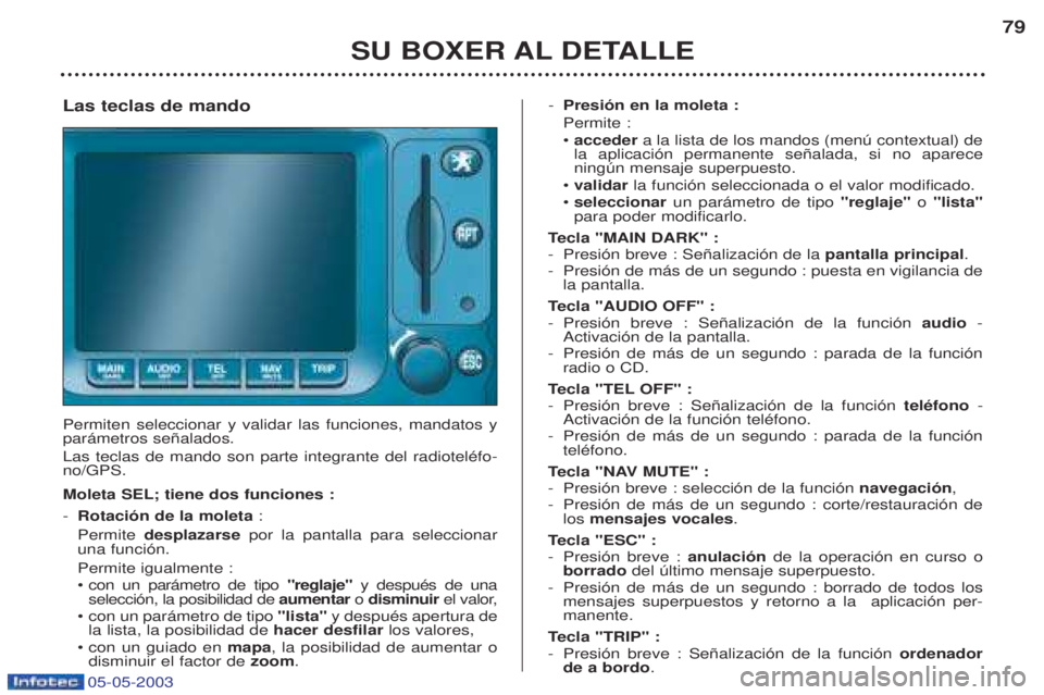 PEUGEOT BOXER 2003  Manual del propietario (in Spanish) 05-05-2003
SU BOXER AL DETALLE79
Las teclas de mando Permiten seleccionar y validar las funciones, mandatos y par‡metros se–alados.  Las teclas de mando son parte integrante del radiotelŽfo- no/G
