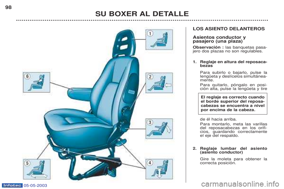 PEUGEOT BOXER 2003  Manual del propietario (in Spanish) 05-05-2003
LOS ASIENTO DELANTEROS  Asientos conductor y pasajero (una plaza) Observaci—n : las banquetas pasa-
jero dos plazas no son regulables. 
1. Reglaje en altura del reposaca- bezas Para subir