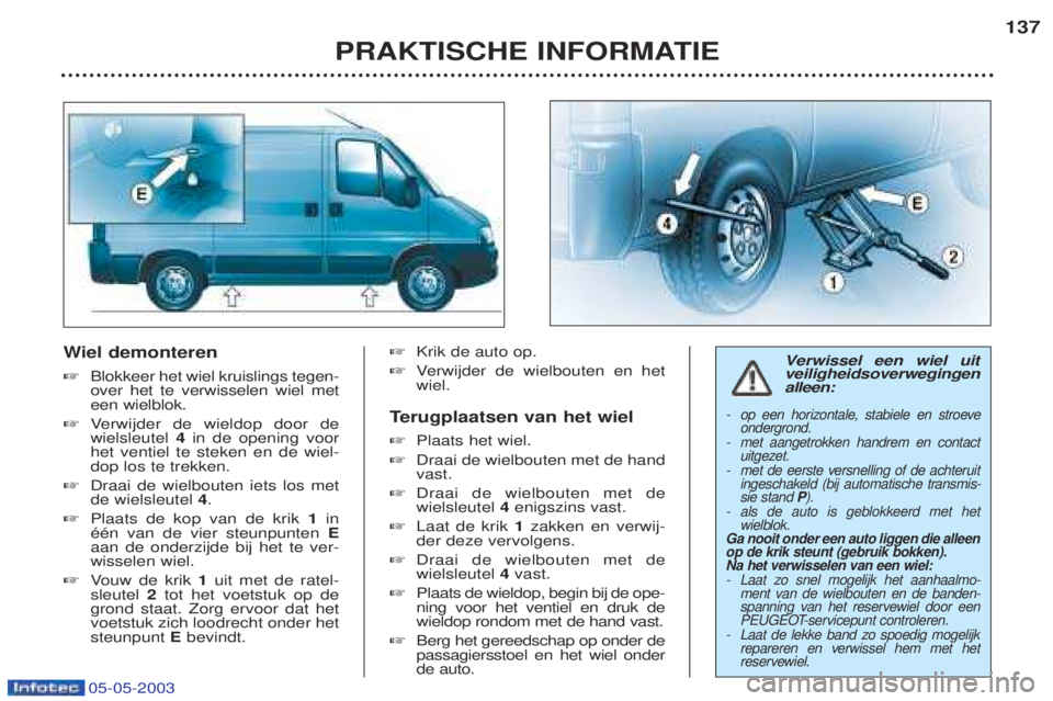 PEUGEOT BOXER 2003 Kezelési útmutató (in Hungarian) 05-05-2003
Wiel demonteren
☞ Blokkeer het wiel kruislings tegen- over het te verwisselen wiel meteen wielblok.
☞ Ve r w ijder de wieldop door de
wielsleutel 4in de opening voor
het ventiel te ste PEUGEOT BOXER 2003 Kezelési útmutató (in Hungarian) 05-05-2003
Wiel demonteren
☞ Blokkeer het wiel kruislings tegen- over het te verwisselen wiel meteen wielblok.
☞ Ve r w ijder de wieldop door de
wielsleutel 4in de opening voor
het ventiel te ste