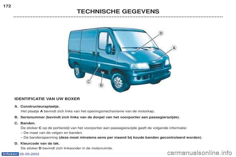 PEUGEOT BOXER 2003 Kezelési útmutató (in Hungarian) 05-05-2003
TECHNISCHE GEGEVENS
172
IDENTIFICATIE VAN UW BOXER
A. Constructeursplaatje.Het plaatje Abevindt zich links van het openingsmechanisme van de motorkap.
B. Serienummer (bevindt zich links v PEUGEOT BOXER 2003 Kezelési útmutató (in Hungarian) 05-05-2003
TECHNISCHE GEGEVENS
172
IDENTIFICATIE VAN UW BOXER
A. Constructeursplaatje.Het plaatje Abevindt zich links van het openingsmechanisme van de motorkap.
B. Serienummer (bevindt zich links v