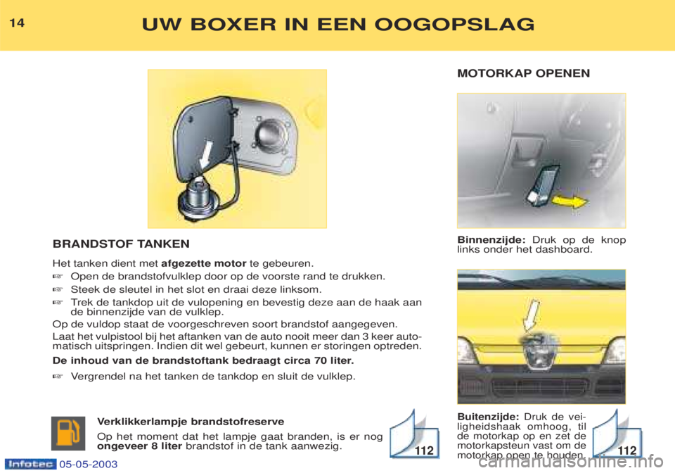 PEUGEOT BOXER 2003 Kezelési útmutató (in Hungarian) MOTORKAP OPENEN Binnenzijde:Druk op de knop
links onder het dashboard.
Buitenzijde: Druk de vei-
ligheidshaak omhoog, til de motorkap op en zet demotorkapsteun vast om demotorkap open te houden.
BRAND PEUGEOT BOXER 2003 Kezelési útmutató (in Hungarian) MOTORKAP OPENEN Binnenzijde:Druk op de knop
links onder het dashboard.
Buitenzijde: Druk de vei-
ligheidshaak omhoog, til de motorkap op en zet demotorkapsteun vast om demotorkap open te houden.
BRAND