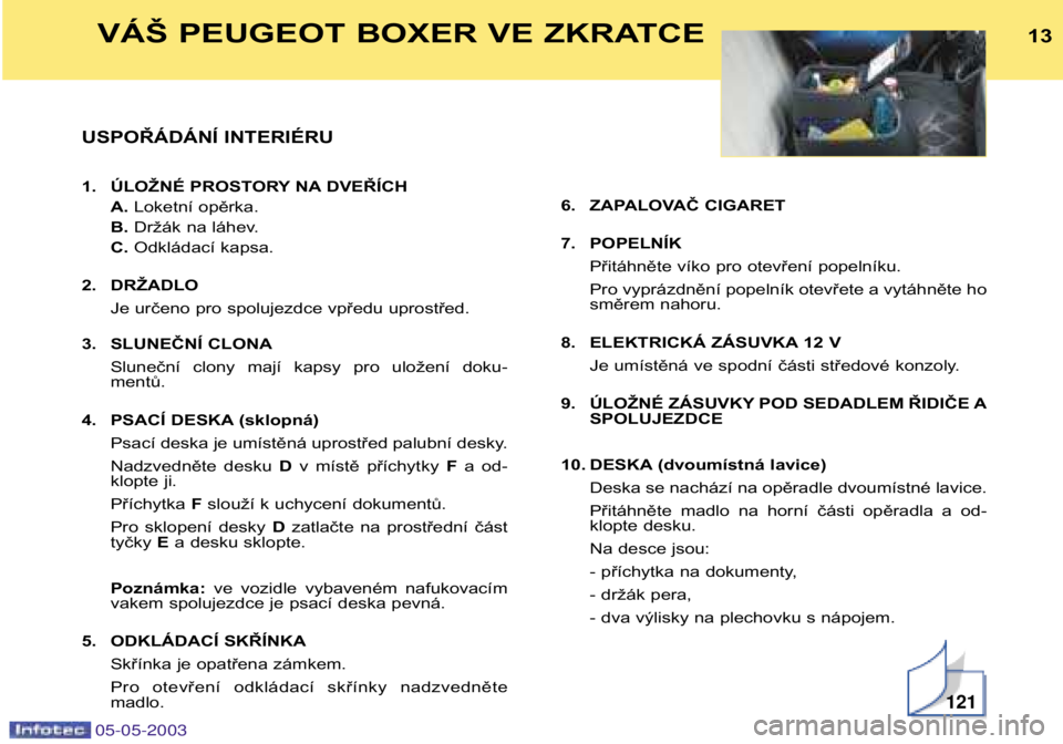 PEUGEOT BOXER 2003  Návod na použití (in Czech) 05-05-2003
USPOŘÁDÁNÍ INTERIÉRU 
1. ÚLOŽNÉ PROSTORY NA DVEŘÍCHA.Loketní opěrka.
B. Držák na láhev.
C. Odkládací kapsa.
2. DRŽADLO Je určeno pro spolujezdce vpředu uprostřed.
3. SL