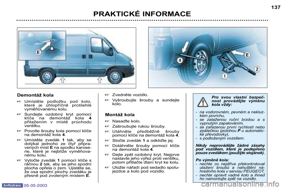 PEUGEOT BOXER 2003  Návod na použití (in Czech) 05-05-2003
Demontáž kola Umístěte  podložku  pod  kolo, 
které  je  úhlopříčně  protilehlé
vyměňovanému kolu.
 Sundejte  ozdobný  kryt  pomocí
klíče  na  demontáž  kola  4
přit