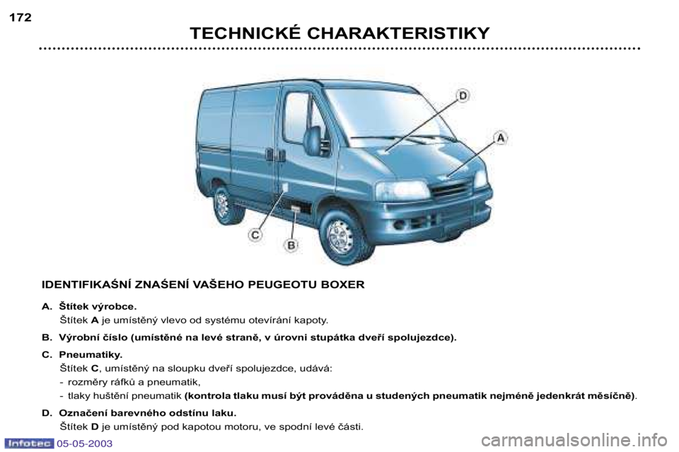 PEUGEOT BOXER 2003 Návod na použití (in Czech) 05-05-2003
TECHNICKÉ CHARAKTERISTIKY
172
IDENTIFIKAŚNÍ ZNAŚENÍ VAŠEHO PEUGEOTU BOXER
A. Štítek výrobce.Štítek Aje umístěný vlevo od systému otevírání kapoty.
B. Výrobní číslo ( PEUGEOT BOXER 2003 Návod na použití (in Czech) 05-05-2003
TECHNICKÉ CHARAKTERISTIKY
172
IDENTIFIKAŚNÍ ZNAŚENÍ VAŠEHO PEUGEOTU BOXER
A. Štítek výrobce.Štítek Aje umístěný vlevo od systému otevírání kapoty.
B. Výrobní číslo (