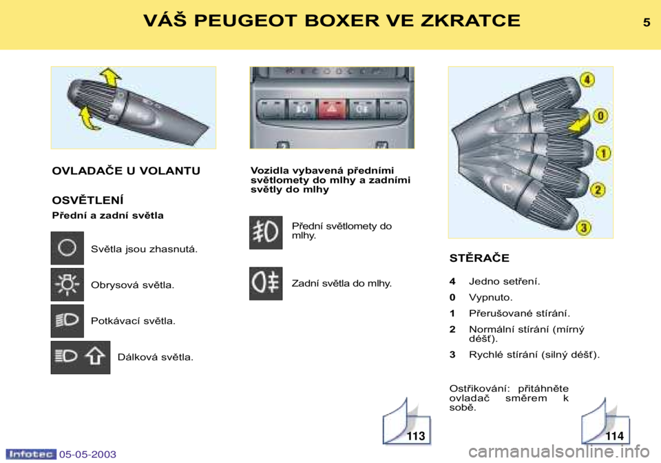 PEUGEOT BOXER 2003  Instructieboekje (in Dutch) 05-05-2003
Vozidla vybavená předními 
světlomety do mlhy a zadními
světly do mlhy Přední světlomety do
mlhy. 
Zadní světla do mlhy. STĚRAČE 4 
Jedno setření.
0  Vypnuto.
1  Přerušovan