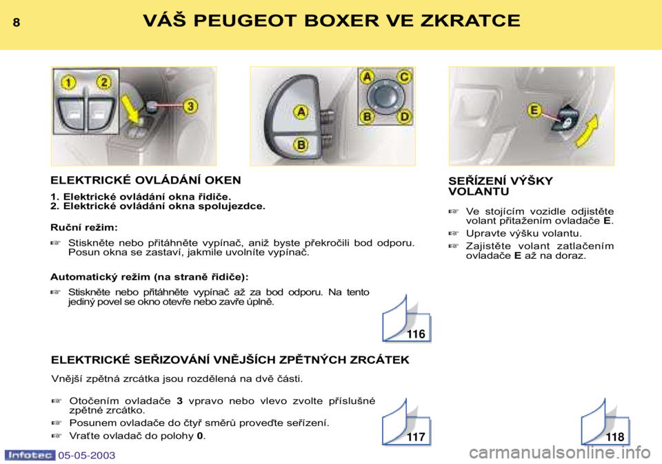PEUGEOT BOXER 2003  Instructieboekje (in Dutch) 05-05-2003
ELEKTRICKÉ OVLÁDÁNÍ OKEN 
1. Elektrické ovládání okna řidiče. 
2. Elektrické ovládání okna spolujezdce. 
Ruční režim:  Stiskněte  nebo  přitáhněte  vypínač,  aniž  